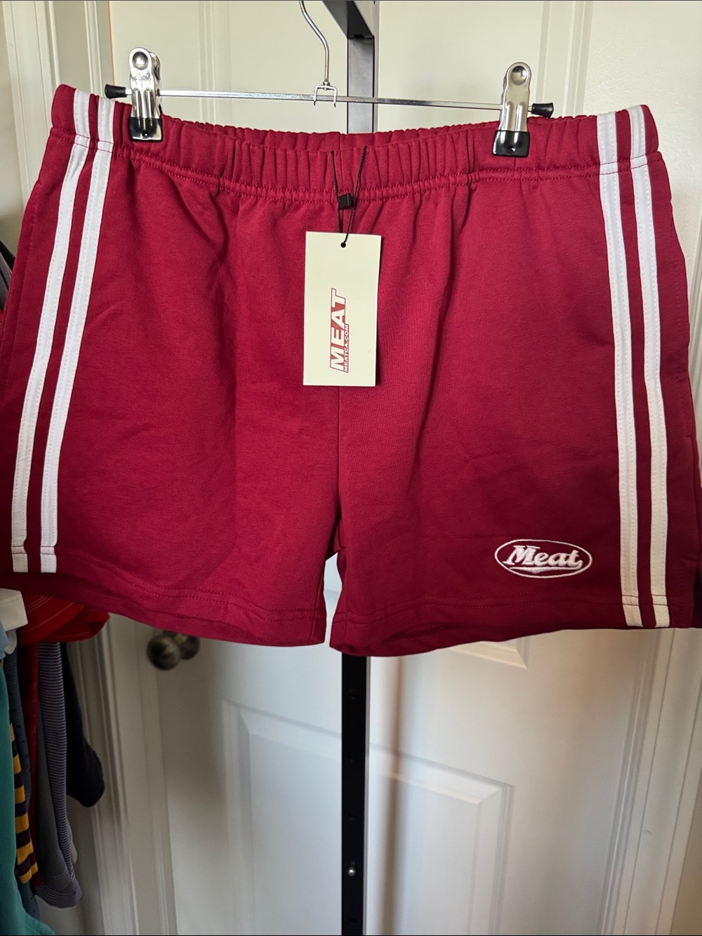 Burgundy Men’s Athletic Shorts with White Stripes